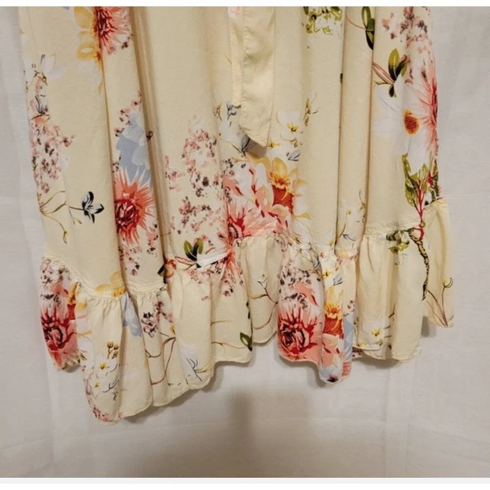 Acanela Expedition Women's Floral Wrap Midi Raffledi Dress Flutter Sleeve Size L